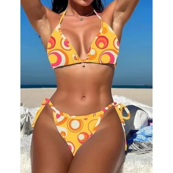 TASHEHE String Bikini High Leg Cut/Triangle Removable Pads Geometric Size S - Picture 13 of 14